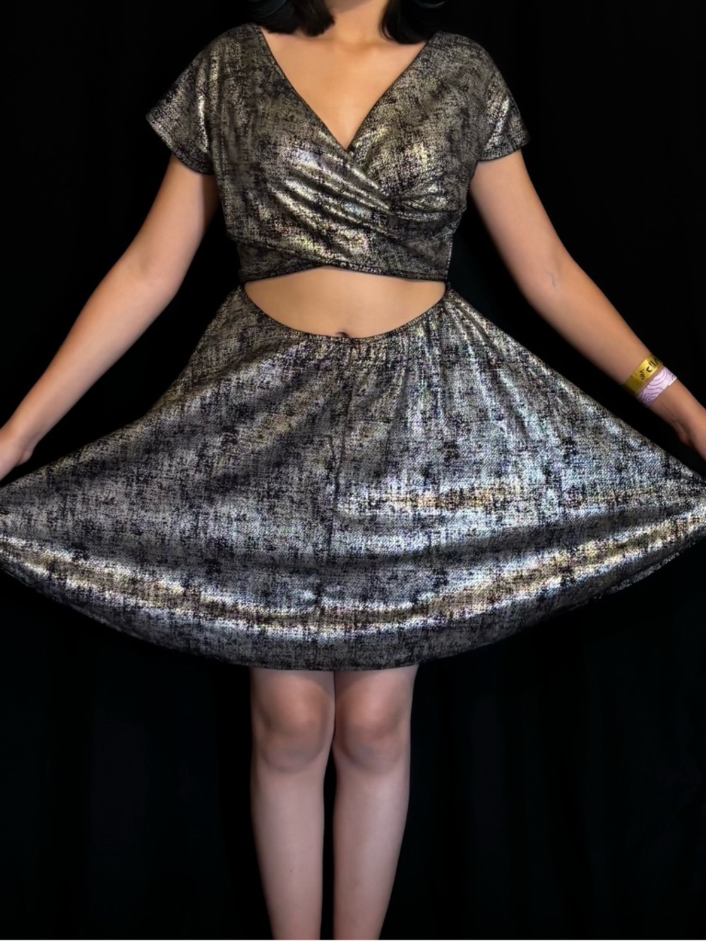 🩶 Rolla Coster Gorgeous Metallic Black & Silver Two-Piece Cutout Dress